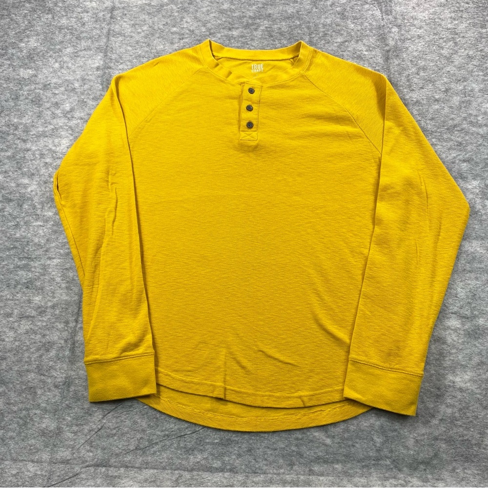 True Craft Mens Yellow Long Sleeve 3 Button Waffle Henley Pullover Shirt SZ‎ LG